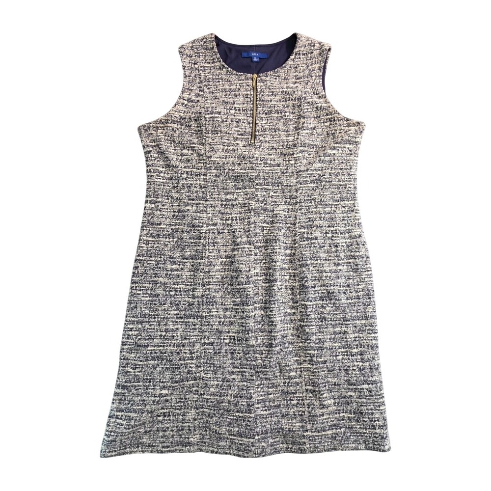 APT 9 Womens XL Tweed Zip Front Sleeveless Sheath Dress Navy White Gold Accents